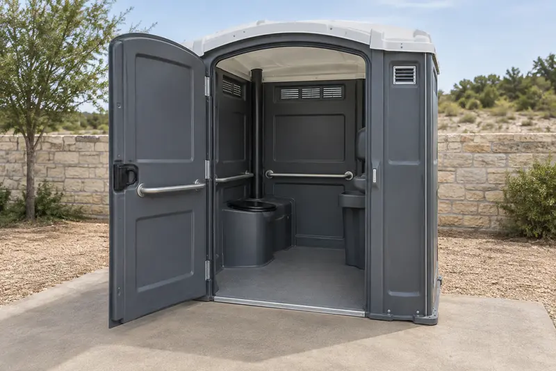 Wider portable restroom cabin with an accessible entrance