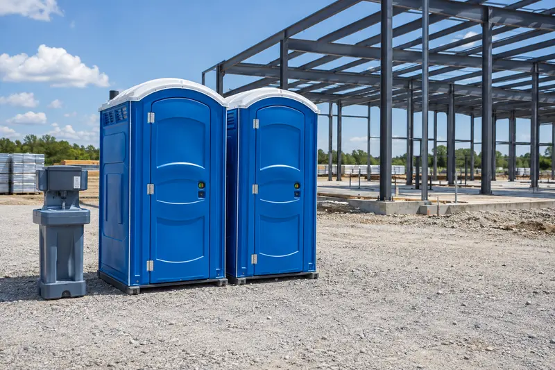Portable toilets beside an illustrative construction project