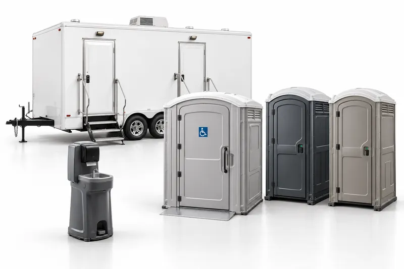 Illustrative equipment lineup with standard and wider portable toilets, a washing station and a white restroom trailer