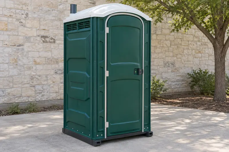 Green portable toilet with a closed door